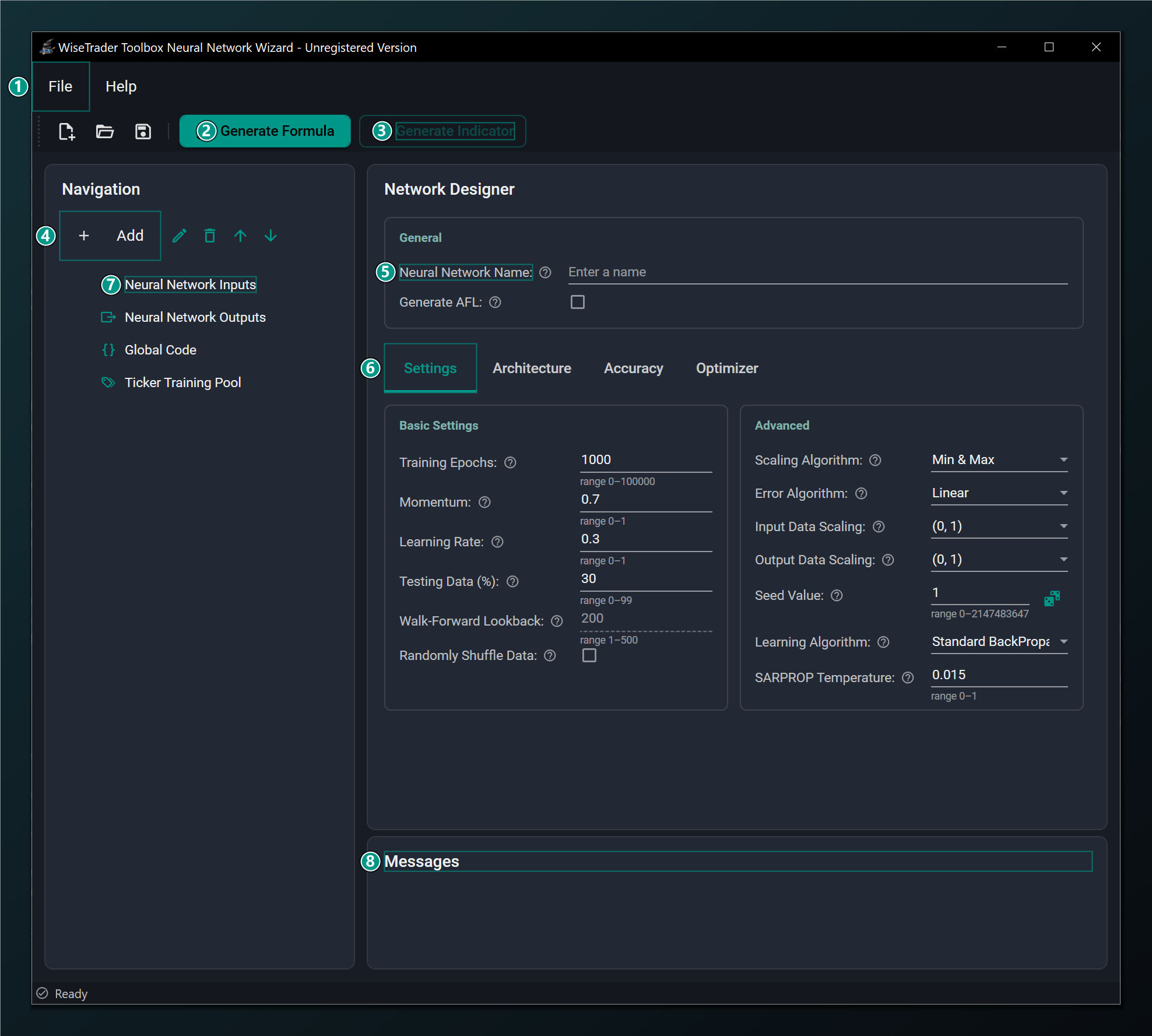 The Neural Network Wizard main window with an empty network.