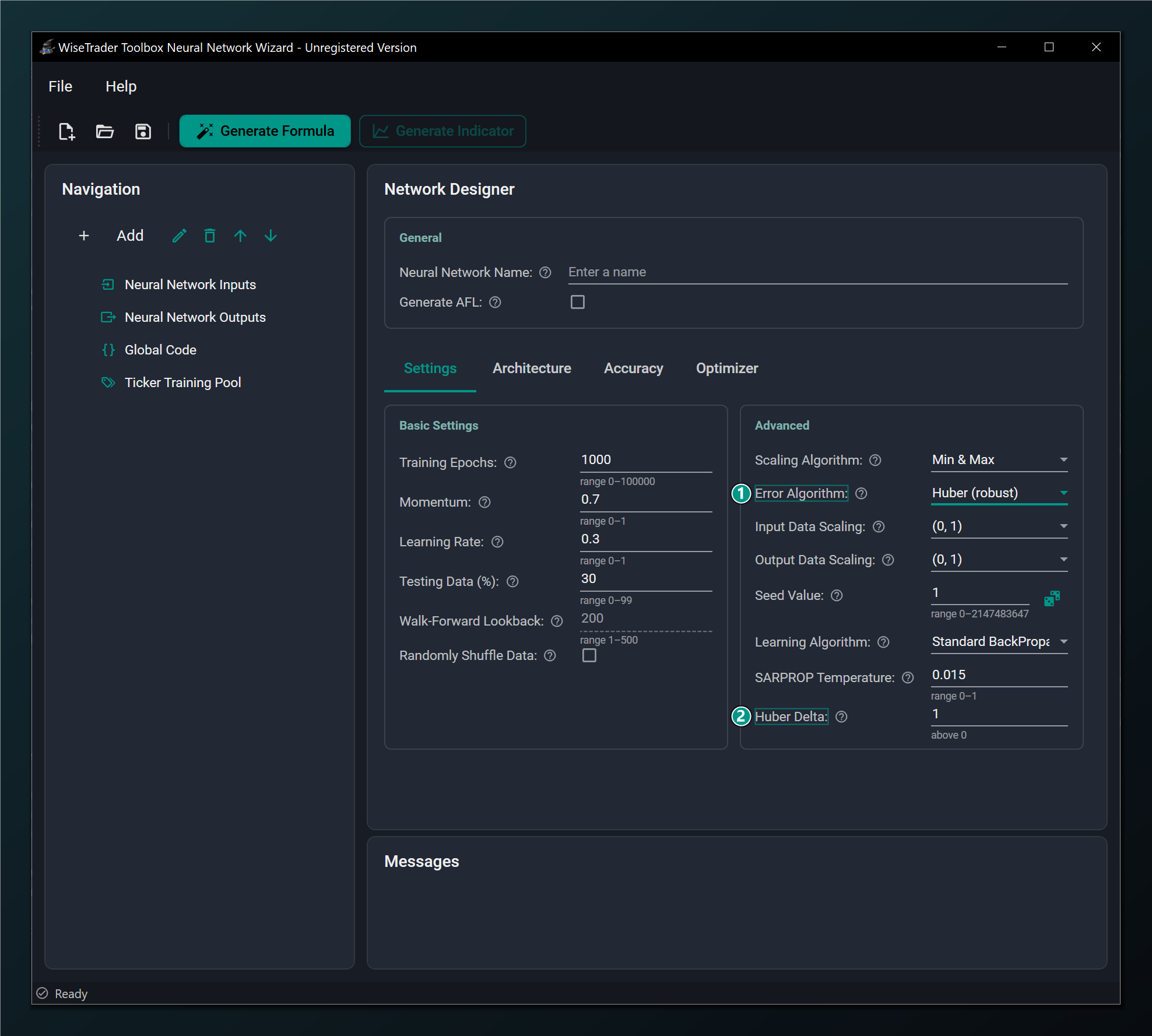 The Settings tab with Error Algorithm set to Huber, revealing the Huber Delta field.