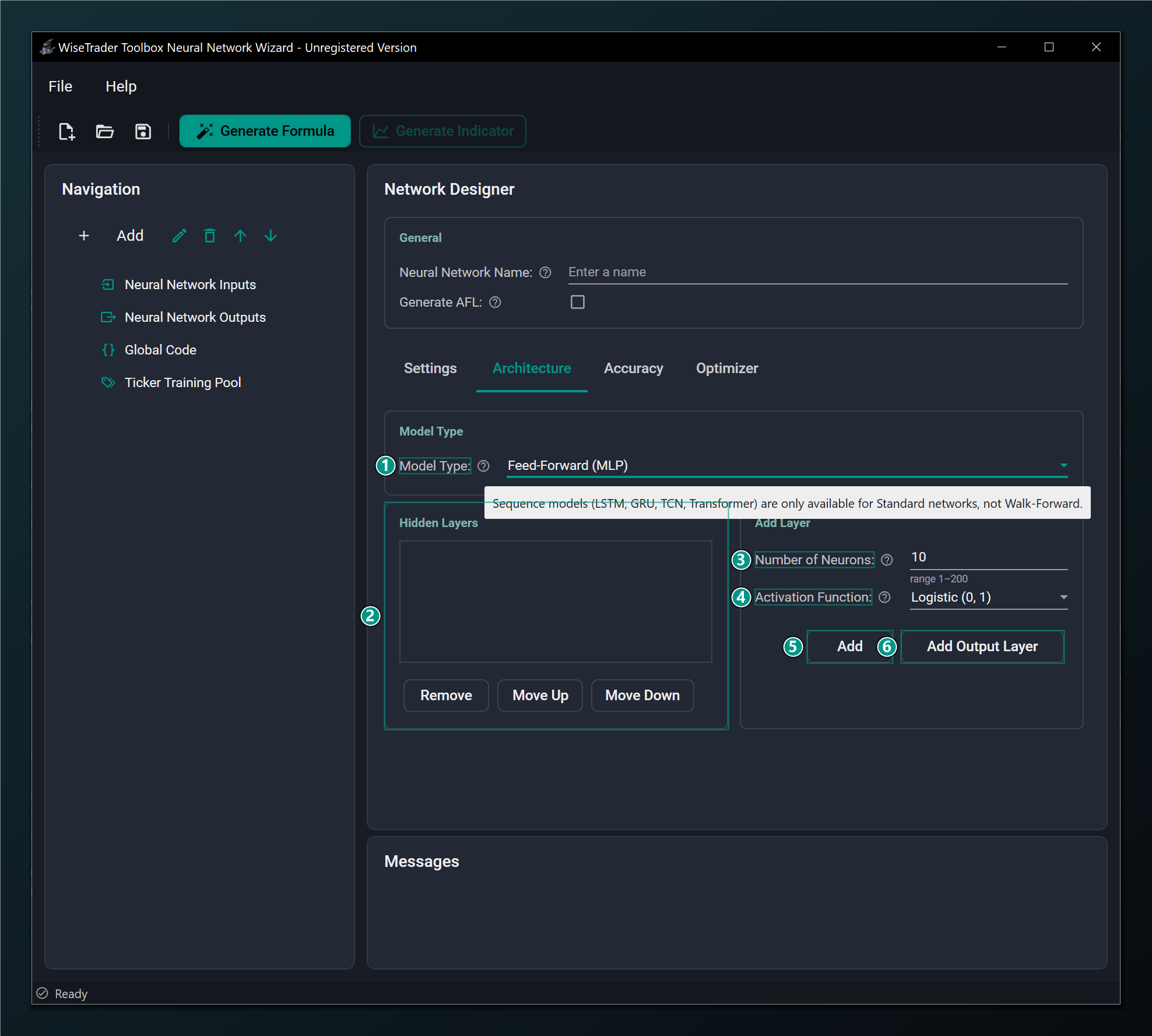 The Architecture tab configured as a Feed-Forward MLP network.