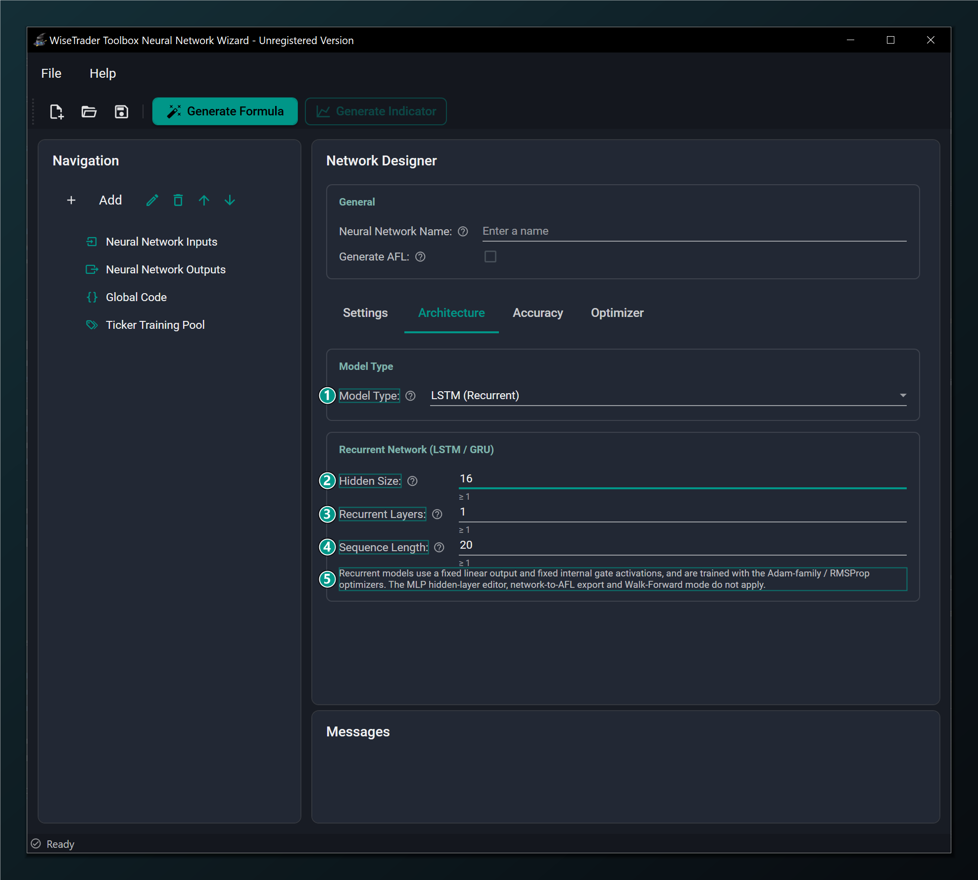 The Architecture tab configured as an LSTM/GRU recurrent network.