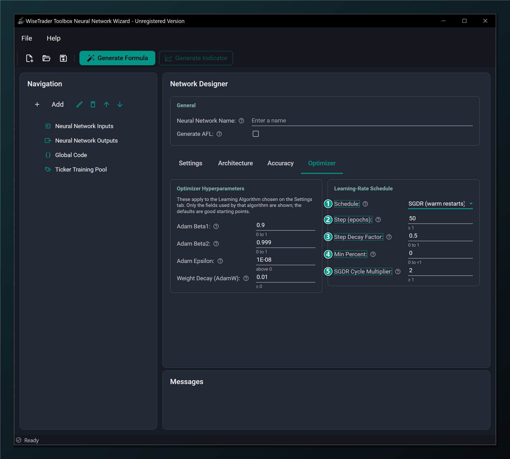 The Optimizer tab with the LR Schedule set to SGDR, revealing the schedule parameters.