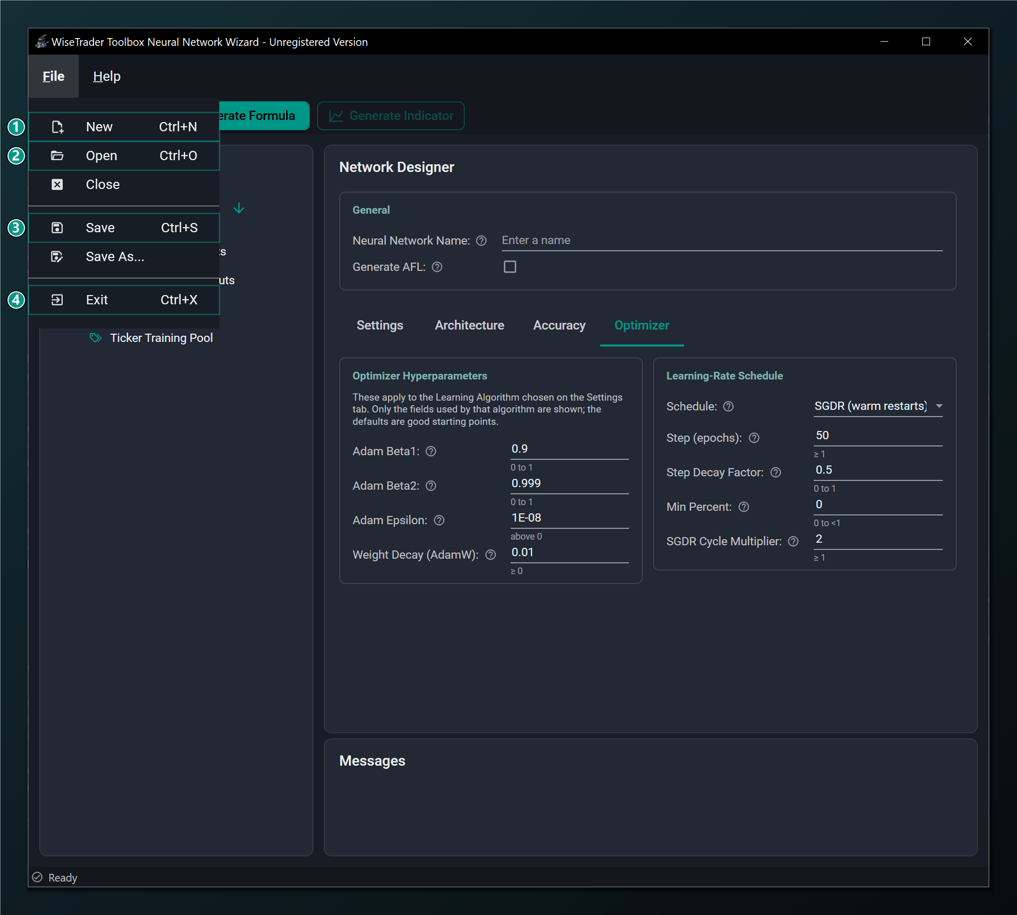 The File menu open, showing New, Open, Save and Exit.
