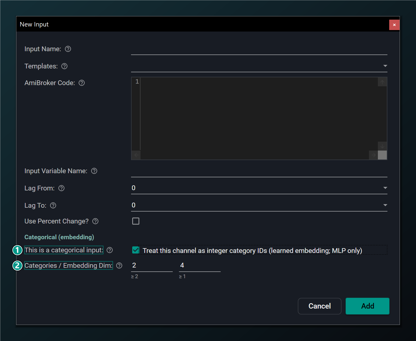 The New Input dialog with the categorical-input checkbox ticked, revealing the Categories and Embedding Dimension fields.