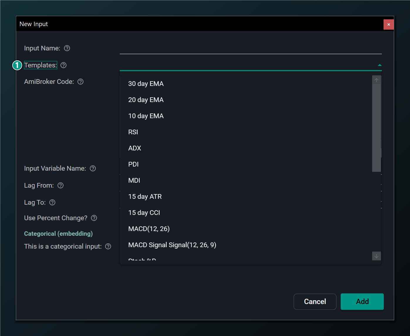 The Templates dropdown open in the New Input dialog.