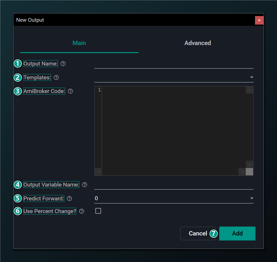 The New Output dialog, Main tab.