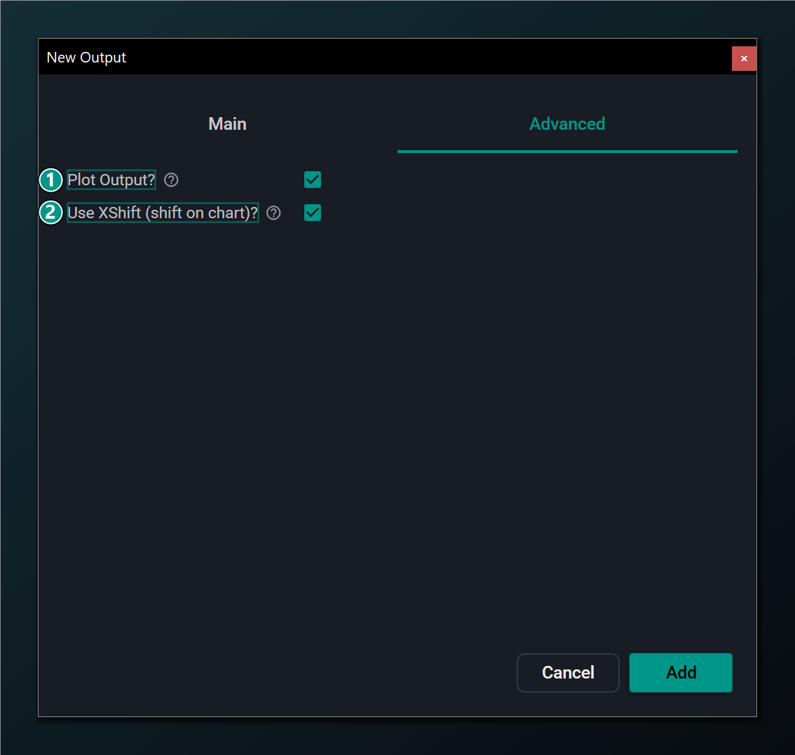 The New Output dialog, Advanced tab.