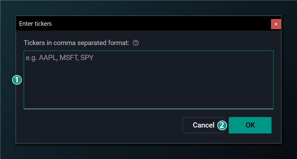 The Add Tickers dialog for the training pool.