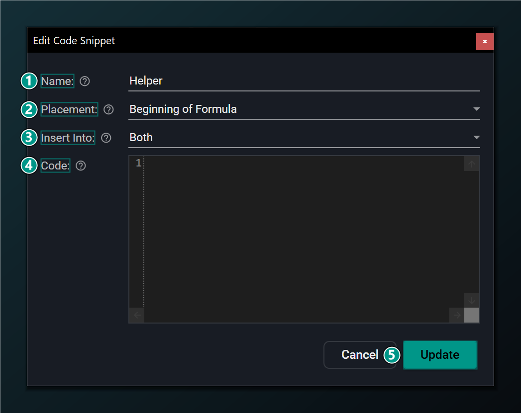 The Edit Code dialog for an existing code snippet.