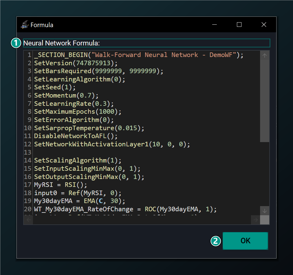 The Generate Formula window for a Walk-Forward network, showing a single formula.