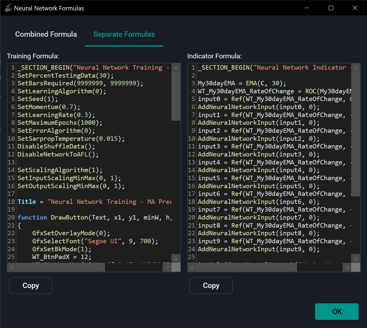 The Neural Network Wizard generated-formula window